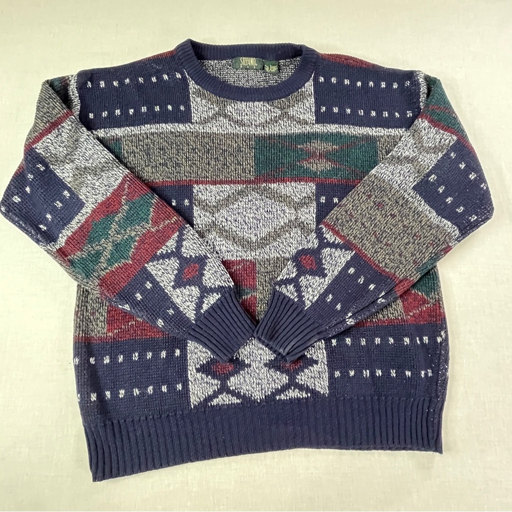 Vintage Stefano Man Sweater Geometric Knit Multicolor Crewneck Men’s L Korea